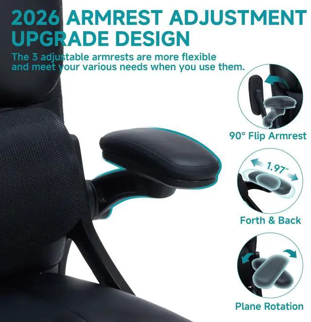 Alt view image 4 of 7 - 400lbs Executive Office Chair wiht 3 Way Adjustable Armrest | High Back Computer Chair,Comfy Pu Leather Desk Chair with Flip-Up Armrests,Heavy Duty Ergonomic Chair