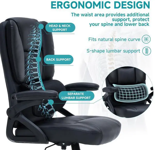 Alt view image 6 of 7 - 400lbs Executive Office Chair wiht 3 Way Adjustable Armrest | High Back Computer Chair,Comfy Pu Leather Desk Chair with Flip-Up Armrests,Heavy Duty Ergonomic Chair