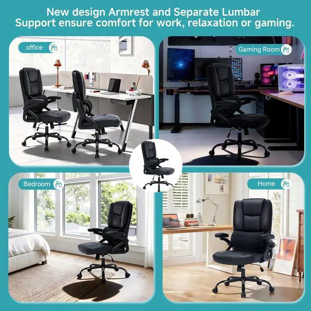 Alt view image 7 of 7 - 400lbs Executive Office Chair wiht 3 Way Adjustable Armrest | High Back Computer Chair,Comfy Pu Leather Desk Chair with Flip-Up Armrests,Heavy Duty Ergonomic Chair