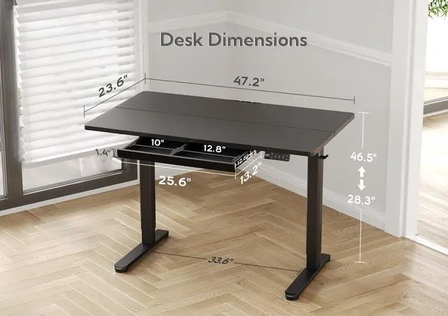 Alt view image 2 of 7 - Electric Standing Desk with Drawer 48 x 24 Inch Black | Metal steel frame, supports 176 lbs, 28.35 to 46.46 inch height range, 3 memory settings, 45 dB motor