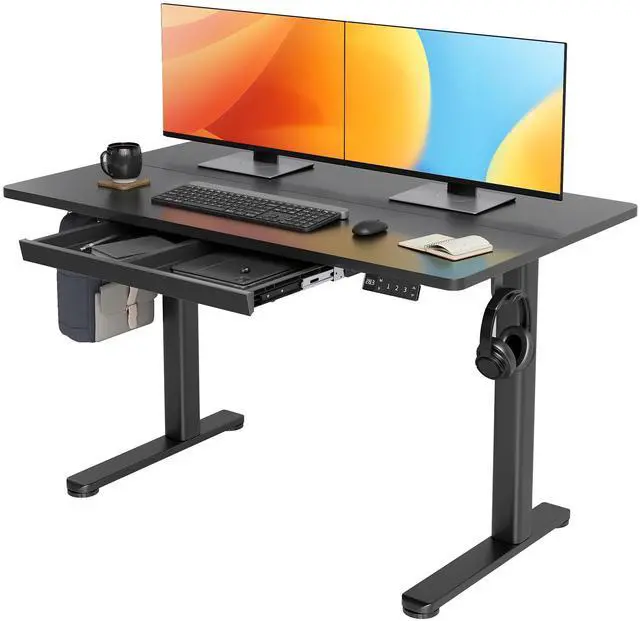 Main image of Electric Standing Desk with Drawer 48 x 24 Inch Black | Metal steel frame, supports 176 lbs, 28.35 to 46.46 inch height range, 3 memory settings, 45 dB motor