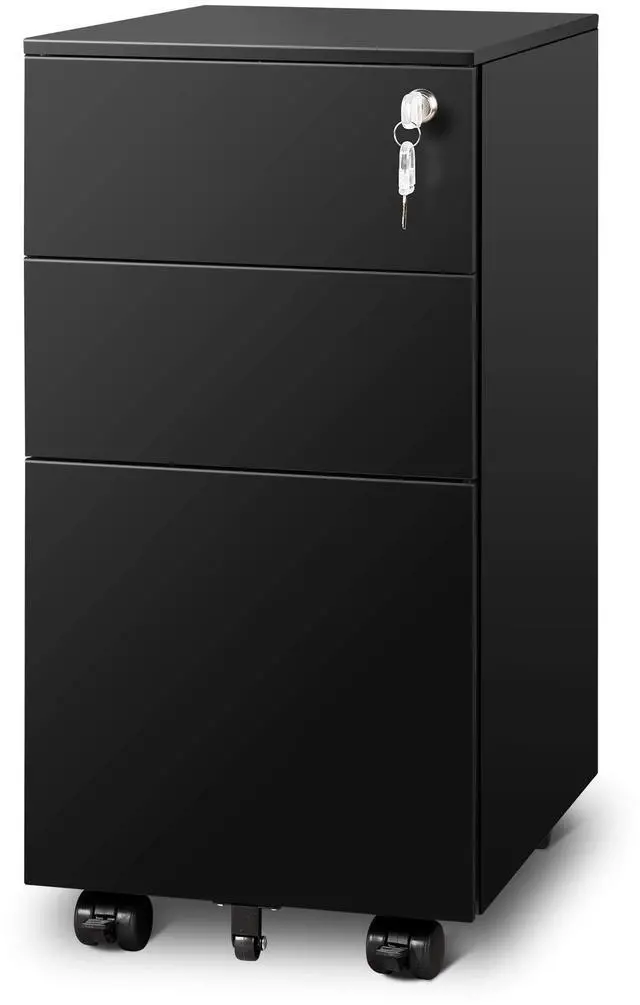 Main image of 3 Drawer File Cabinet with Lock, Fully Assembled Except Casters | Under Desk Metal Filing Cabinet with Wheels for Home Office Fit Legal/Letter/A4 File, Black
