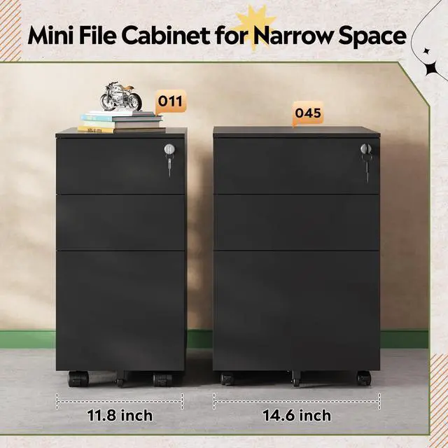 Alt view image 6 of 7 - 3 Drawer File Cabinet with Lock, Fully Assembled Except Casters | Under Desk Metal Filing Cabinet with Wheels for Home Office Fit Legal/Letter/A4 File, Black