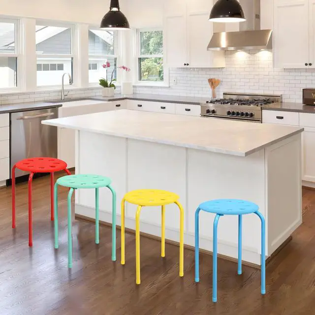 Alt view image 2 of 7 - 17.5-inch Height 6-Pack Round Plastic Stack Stools, Colorful | Backless School Classroom Decoration Stools with Metal Frame, Portable Stackable Chairs for Kids Children Students