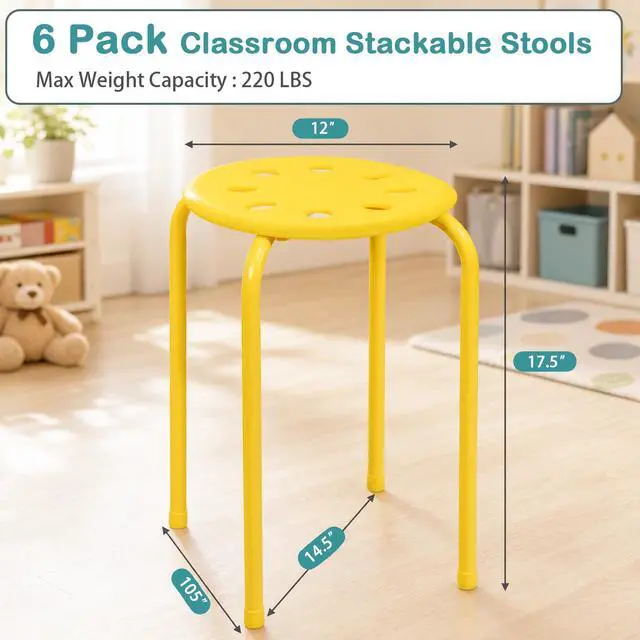 Alt view image 3 of 7 - 17.5-inch Height 6-Pack Round Plastic Stack Stools, Colorful | Backless School Classroom Decoration Stools with Metal Frame, Portable Stackable Chairs for Kids Children Students