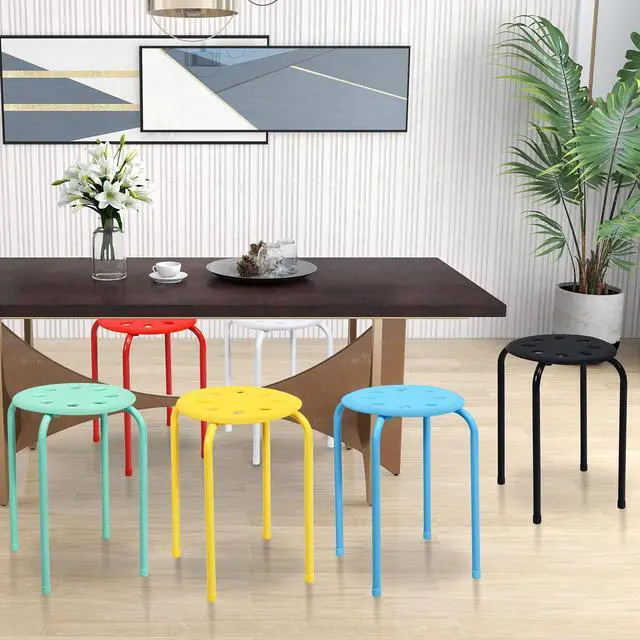 Alt view image 4 of 7 - 17.5-inch Height 6-Pack Round Plastic Stack Stools, Colorful | Backless School Classroom Decoration Stools with Metal Frame, Portable Stackable Chairs for Kids Children Students
