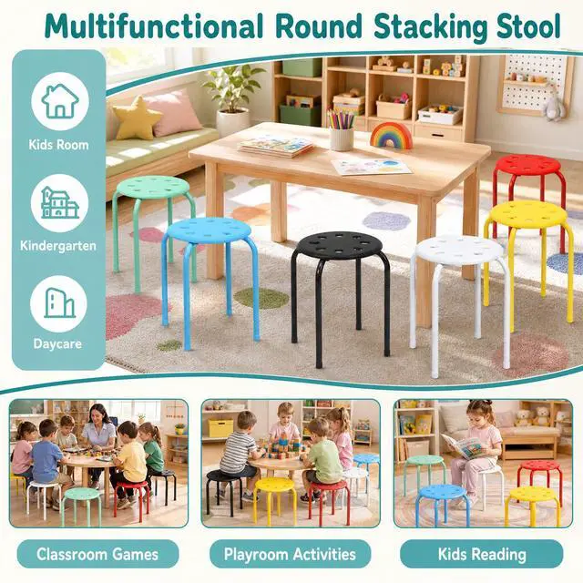 Alt view image 5 of 7 - 17.5-inch Height 6-Pack Round Plastic Stack Stools, Colorful | Backless School Classroom Decoration Stools with Metal Frame, Portable Stackable Chairs for Kids Children Students