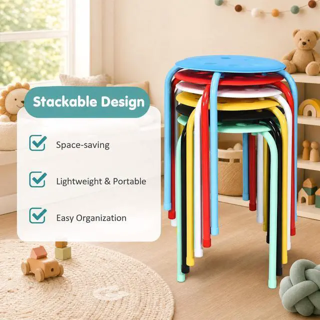 Alt view image 6 of 7 - 17.5-inch Height 6-Pack Round Plastic Stack Stools, Colorful | Backless School Classroom Decoration Stools with Metal Frame, Portable Stackable Chairs for Kids Children Students