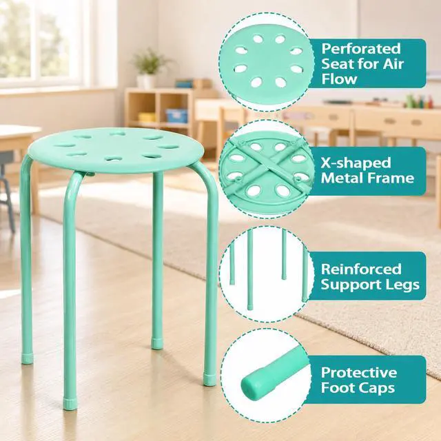 Alt view image 7 of 7 - 17.5-inch Height 6-Pack Round Plastic Stack Stools, Colorful | Backless School Classroom Decoration Stools with Metal Frame, Portable Stackable Chairs for Kids Children Students