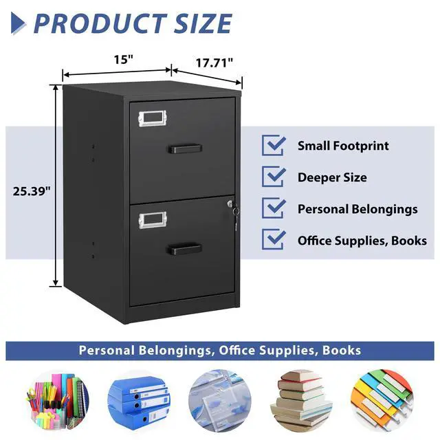 Alt view image 3 of 5 - 2 Drawer File Cabinet with Lock,Black Metal Vertical File Cabinets for Letter Size, Filing Cabinets for Home Office, Under Desk File Cabinet, Easy Assemble