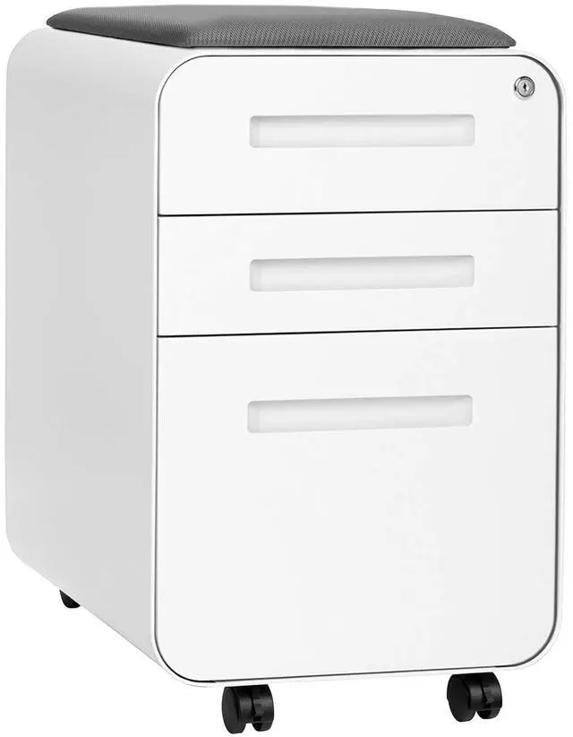 Main image of STOCKPILE Curve Seated 3-Drawer Mobile File Cabinet with Removable Magnetic Cushion Seat - Metal Filing Cabinet, Pre-Assembled, White with Dark Grey Cushion