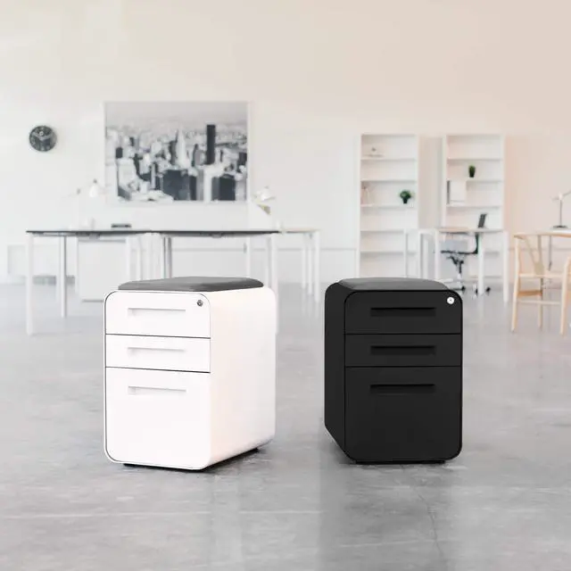 Alt view image 2 of 7 - STOCKPILE Curve Seated 3-Drawer Mobile File Cabinet with Removable Magnetic Cushion Seat - Metal Filing Cabinet, Pre-Assembled, White with Dark Grey Cushion