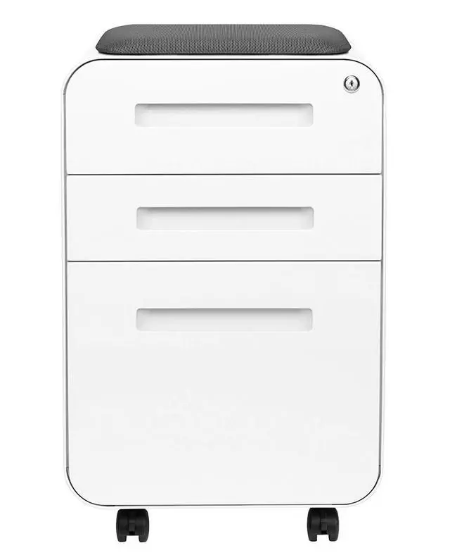 Alt view image 4 of 7 - STOCKPILE Curve Seated 3-Drawer Mobile File Cabinet with Removable Magnetic Cushion Seat - Metal Filing Cabinet, Pre-Assembled, White with Dark Grey Cushion