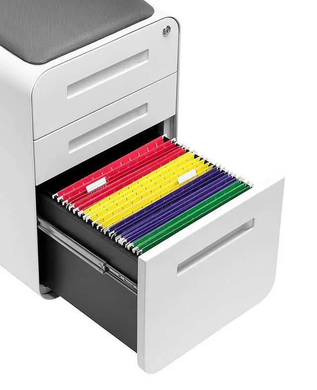 Alt view image 6 of 7 - STOCKPILE Curve Seated 3-Drawer Mobile File Cabinet with Removable Magnetic Cushion Seat - Metal Filing Cabinet, Pre-Assembled, White with Dark Grey Cushion