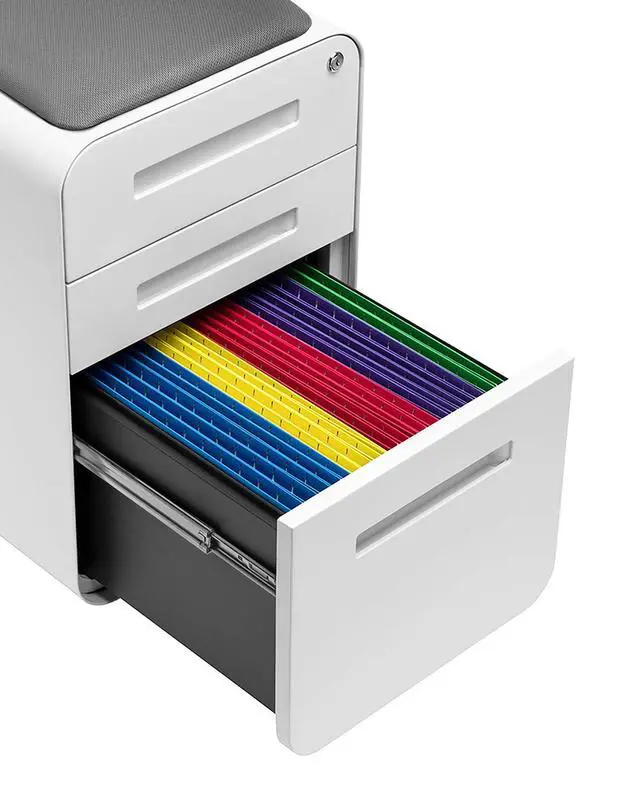 Alt view image 7 of 7 - STOCKPILE Curve Seated 3-Drawer Mobile File Cabinet with Removable Magnetic Cushion Seat - Metal Filing Cabinet, Pre-Assembled, White with Dark Grey Cushion