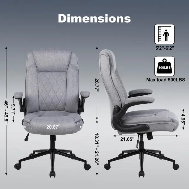 Alt view image 2 of 7 - Big and Tall Fabric Office Chair 500lbs with Flip Up Arms | High Back Office Desk Chair with 120° Tilt Rock,Computer Desk Chair with Adjustable Height-light Grey