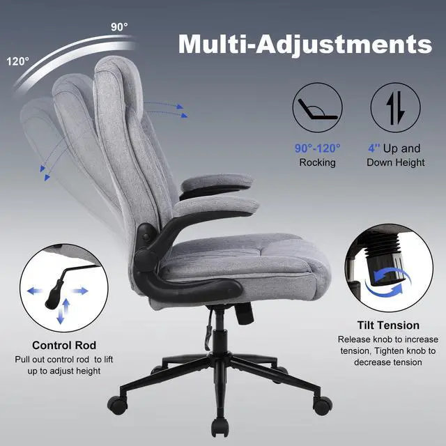 Alt view image 3 of 7 - Big and Tall Fabric Office Chair 500lbs with Flip Up Arms | High Back Office Desk Chair with 120° Tilt Rock,Computer Desk Chair with Adjustable Height-light Grey