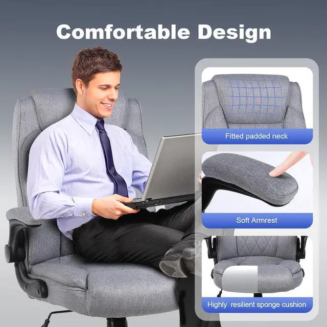 Alt view image 7 of 7 - Big and Tall Fabric Office Chair 500lbs with Flip Up Arms | High Back Office Desk Chair with 120° Tilt Rock,Computer Desk Chair with Adjustable Height-light Grey