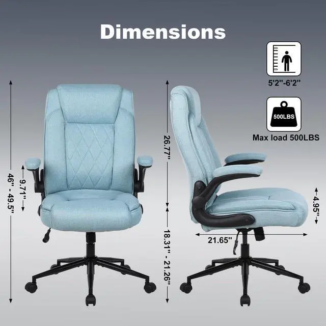 Alt view image 2 of 7 - Big and Tall Fabric Office Chair 500lbs with Flip Up Arms | High Back Office Desk Chair with 120° Tilt Rock,Computer Desk Chair with Adjustable Height- Blue