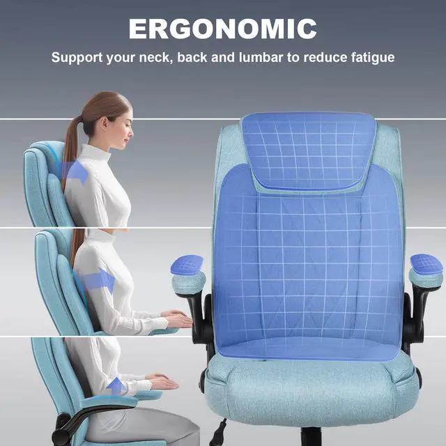 Alt view image 6 of 7 - Big and Tall Fabric Office Chair 500lbs with Flip Up Arms | High Back Office Desk Chair with 120° Tilt Rock,Computer Desk Chair with Adjustable Height- Blue