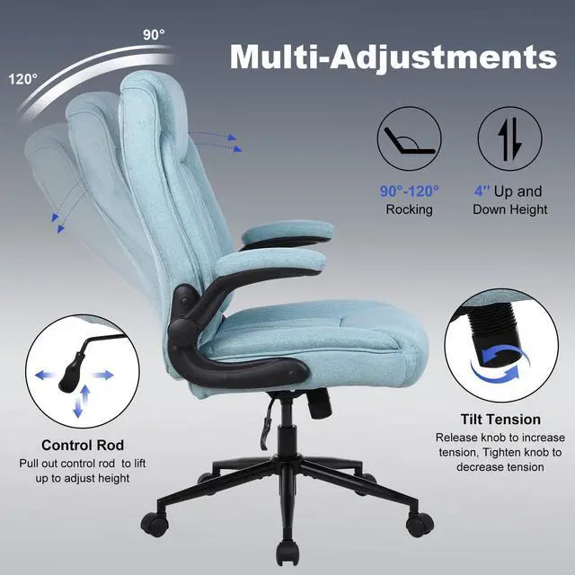 Alt view image 7 of 7 - Big and Tall Fabric Office Chair 500lbs with Flip Up Arms | High Back Office Desk Chair with 120° Tilt Rock,Computer Desk Chair with Adjustable Height- Blue