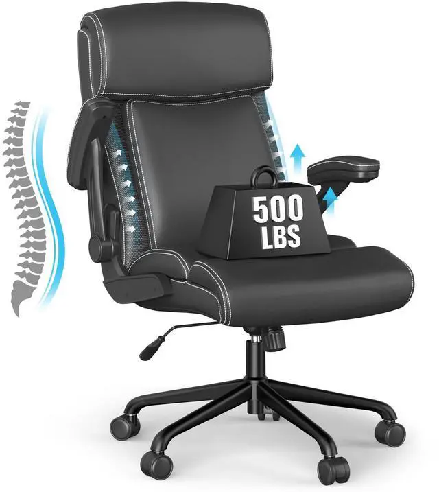 Main image of Big and Tall Leather Office Chair, 500lbs for Heavy People | High Back Computer Desk Chair with Flip-up Armrests, Swivel Chair with Adjustable Height (Black)