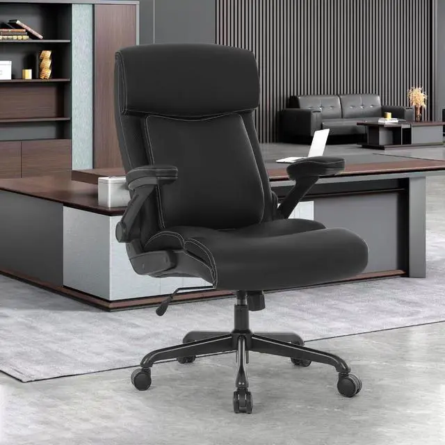 Alt view image 2 of 7 - Big and Tall Leather Office Chair, 500lbs for Heavy People | High Back Computer Desk Chair with Flip-up Armrests, Swivel Chair with Adjustable Height (Black)