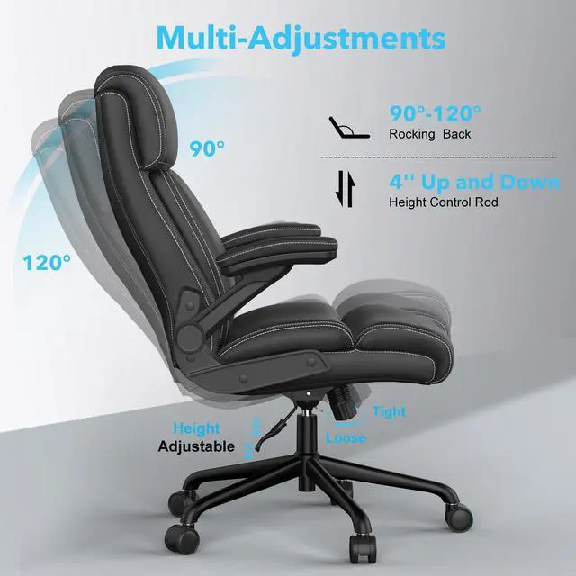 Alt view image 3 of 7 - Big and Tall Leather Office Chair, 500lbs for Heavy People | High Back Computer Desk Chair with Flip-up Armrests, Swivel Chair with Adjustable Height (Black)