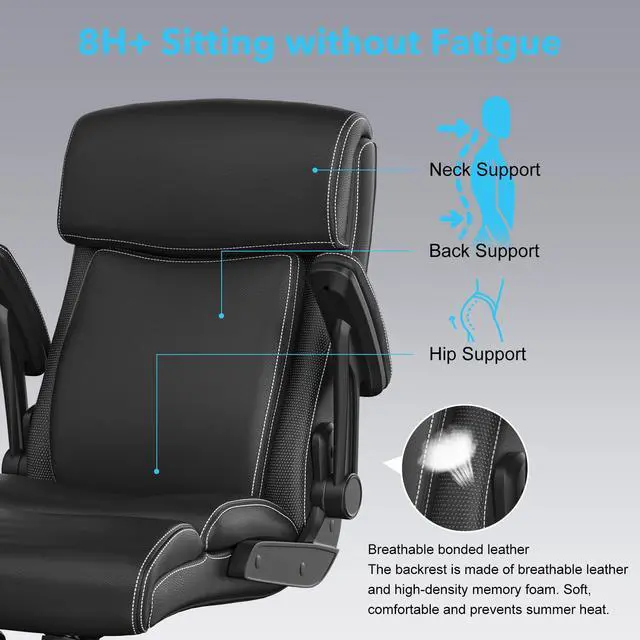 Alt view image 4 of 7 - Big and Tall Leather Office Chair, 500lbs for Heavy People | High Back Computer Desk Chair with Flip-up Armrests, Swivel Chair with Adjustable Height (Black)