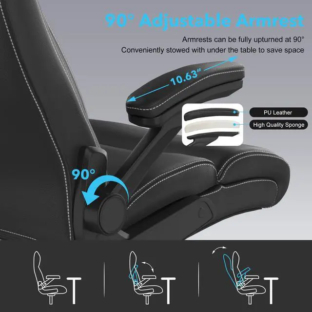 Alt view image 5 of 7 - Big and Tall Leather Office Chair, 500lbs for Heavy People | High Back Computer Desk Chair with Flip-up Armrests, Swivel Chair with Adjustable Height (Black)
