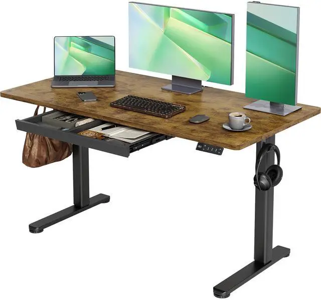 Main image of Electric Standing Desk with Drawers, 55x24 Inch Rustic Brown | Sturdy steel frame, supports up to 176 Lbs, waterproof desktop with wire holes, Quiet