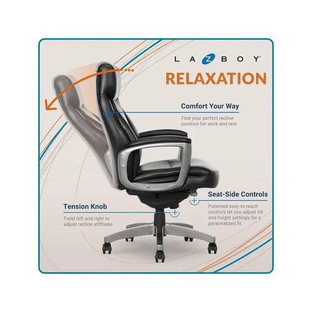 Alt view image 4 of 7 - La-Z-Boy Arcadian Ergonomic Executive Chair, Bonded Leather, Black, 29.5D x 28W x 43.25-46.25H inches, 275 lbs Weight Capacity