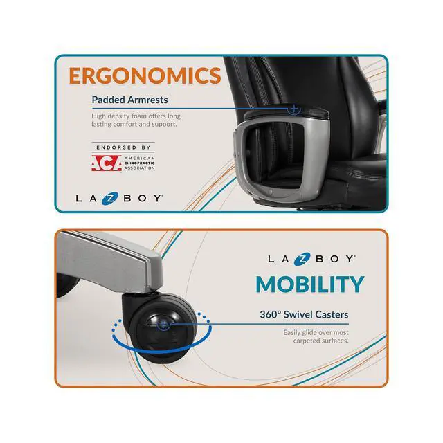 Alt view image 6 of 7 - La-Z-Boy Arcadian Ergonomic Executive Chair, Bonded Leather, Black, 29.5D x 28W x 43.25-46.25H inches, 275 lbs Weight Capacity