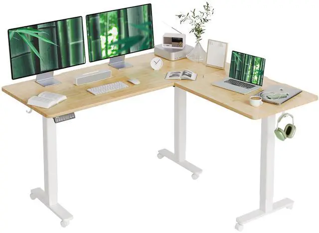 Main image of L Shaped Standing Desk Dual Motor 63x55 Inch Bamboo | Height 28.5"-47.2" Adjustable, 220lbs Capacity, Sturdy Steel Frame, Splice Board included, Ideal for Home Office Corner