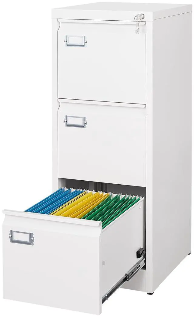 Main image of Metal Vertical File Cabinet with LockNarrow Filing Cabinets Hanging Files Letter/Legal/A4 Size, Metal Storage Cabinet for Home Office, Assembly Required (White, 3-Drawer)