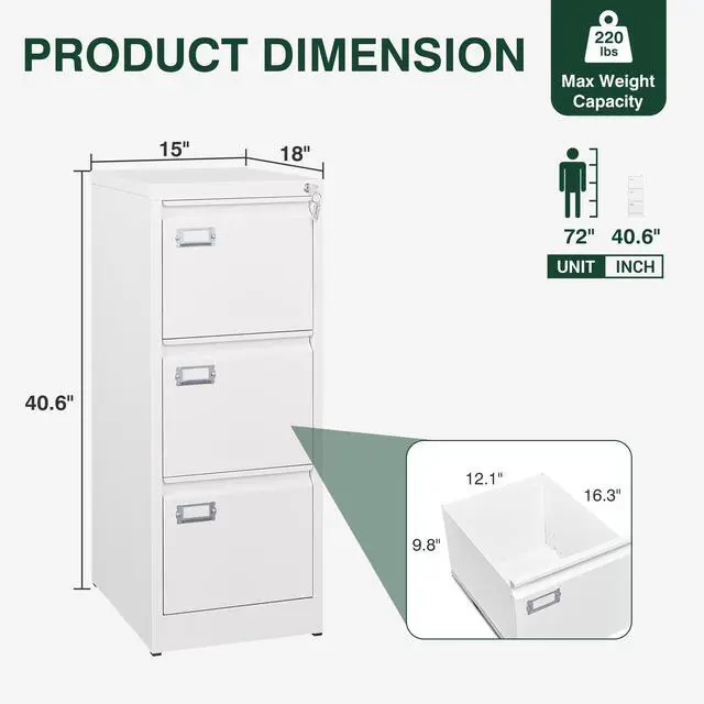 Alt view image 3 of 7 - Metal Vertical File Cabinet with LockNarrow Filing Cabinets Hanging Files Letter/Legal/A4 Size, Metal Storage Cabinet for Home Office, Assembly Required (White, 3-Drawer)