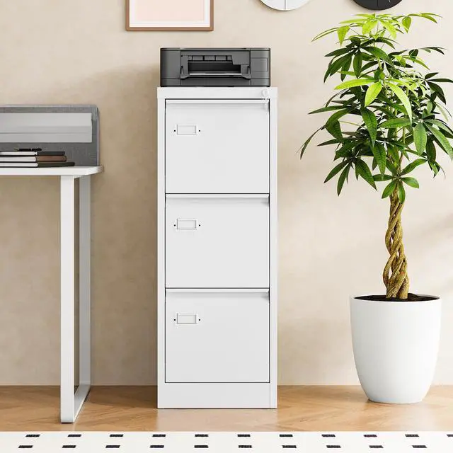 Alt view image 4 of 7 - Metal Vertical File Cabinet with LockNarrow Filing Cabinets Hanging Files Letter/Legal/A4 Size, Metal Storage Cabinet for Home Office, Assembly Required (White, 3-Drawer)