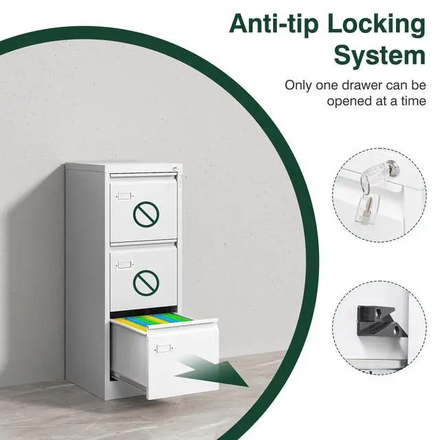 Alt view image 5 of 7 - Metal Vertical File Cabinet with LockNarrow Filing Cabinets Hanging Files Letter/Legal/A4 Size, Metal Storage Cabinet for Home Office, Assembly Required (White, 3-Drawer)