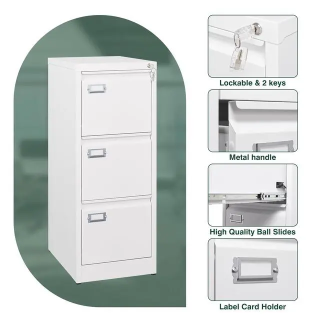 Alt view image 6 of 7 - Metal Vertical File Cabinet with LockNarrow Filing Cabinets Hanging Files Letter/Legal/A4 Size, Metal Storage Cabinet for Home Office, Assembly Required (White, 3-Drawer)
