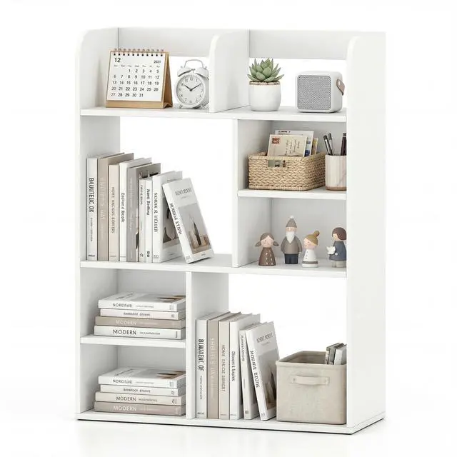 Main image of Desktop Bookshelf, 5-Tier Desktop Display Rack with 4 Open Shelves & 4 Cubes, Modern Tabletop Bookcase Organizer for Computer Desk, Countertop Storage Hutch for Home Office Dorm (White)