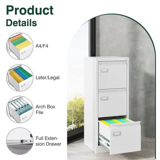 Alt view image 7 of 7 - Metal Vertical File Cabinet with LockNarrow Filing Cabinets Hanging Files Letter/Legal/A4 Size, Metal Storage Cabinet for Home Office, Assembly Required (White, 3-Drawer)