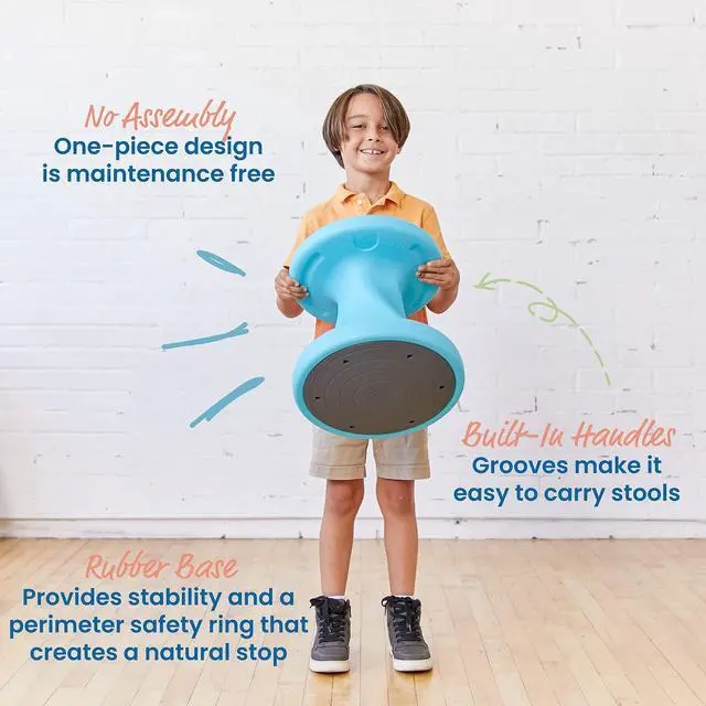 Alt view image 5 of 7 - Twist Active Wobble Stool, 14in Seat Height, Classroom Furniture, Cyan | UV-protected recyclable plastic, GREENGUARD Gold Certified, 6-8 years, 150 lb capacity, fully assembled, indoor/outdoor use