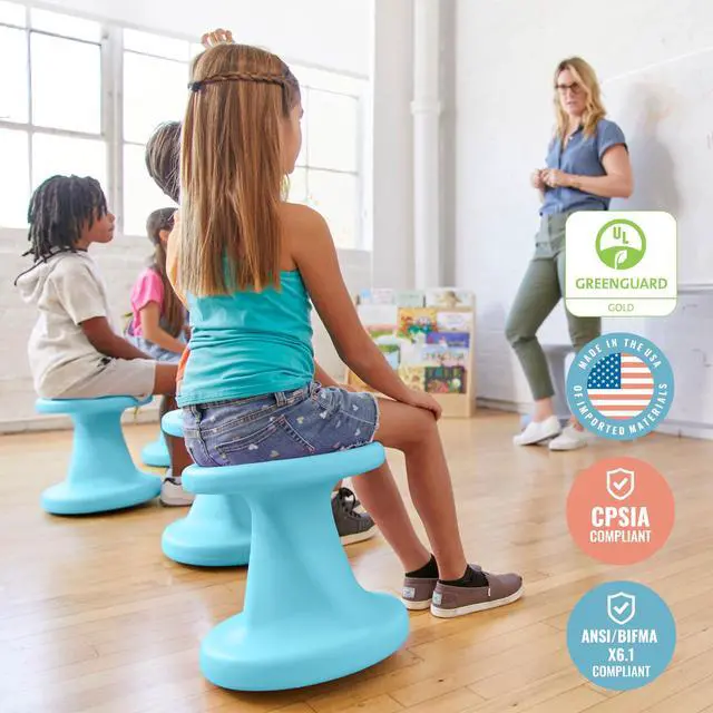 Alt view image 6 of 7 - Twist Active Wobble Stool, 14in Seat Height, Classroom Furniture, Cyan | UV-protected recyclable plastic, GREENGUARD Gold Certified, 6-8 years, 150 lb capacity, fully assembled, indoor/outdoor use