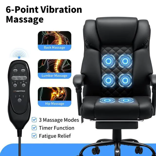 Alt view image 4 of 7 - 400lbs Massage Office Chair with Foot Rest 6 Points Vibration,Black | Ergonomic Executive Office Chair Reclining High Back Computer Desk Chairs