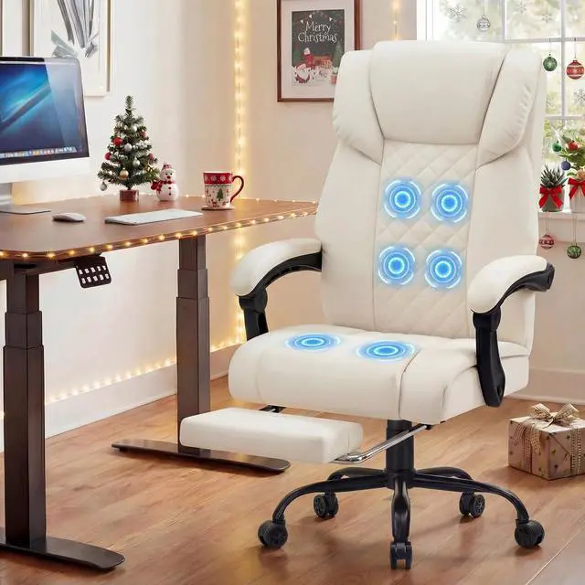 Alt view image 2 of 7 - 400lbs Massage Office Chair with Foot Rest 6 Points Vibration,Beige | Ergonomic Executive Office Chair Reclining High Back Computer Desk Chairs