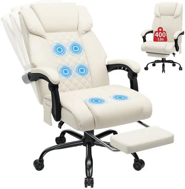 Main image of 400lbs Massage Office Chair with Foot Rest 6 Points Vibration,Beige | Ergonomic Executive Office Chair Reclining High Back Computer Desk Chairs