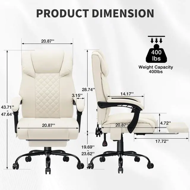 Alt view image 3 of 7 - 400lbs Massage Office Chair with Foot Rest 6 Points Vibration,Beige | Ergonomic Executive Office Chair Reclining High Back Computer Desk Chairs