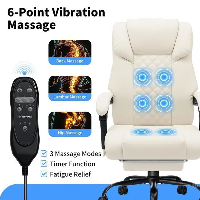 Alt view image 4 of 7 - 400lbs Massage Office Chair with Foot Rest 6 Points Vibration,Beige | Ergonomic Executive Office Chair Reclining High Back Computer Desk Chairs