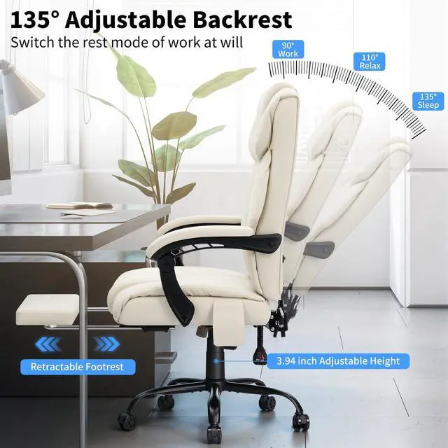 Alt view image 5 of 7 - 400lbs Massage Office Chair with Foot Rest 6 Points Vibration,Beige | Ergonomic Executive Office Chair Reclining High Back Computer Desk Chairs