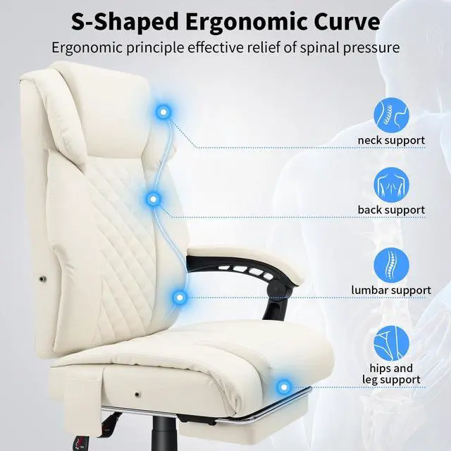 Alt view image 6 of 7 - 400lbs Massage Office Chair with Foot Rest 6 Points Vibration,Beige | Ergonomic Executive Office Chair Reclining High Back Computer Desk Chairs
